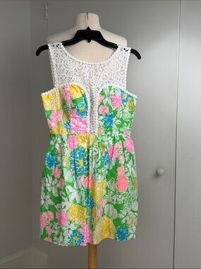 Lilly Pulitzer Green Floral Mini Dress with White Crochet Yoke